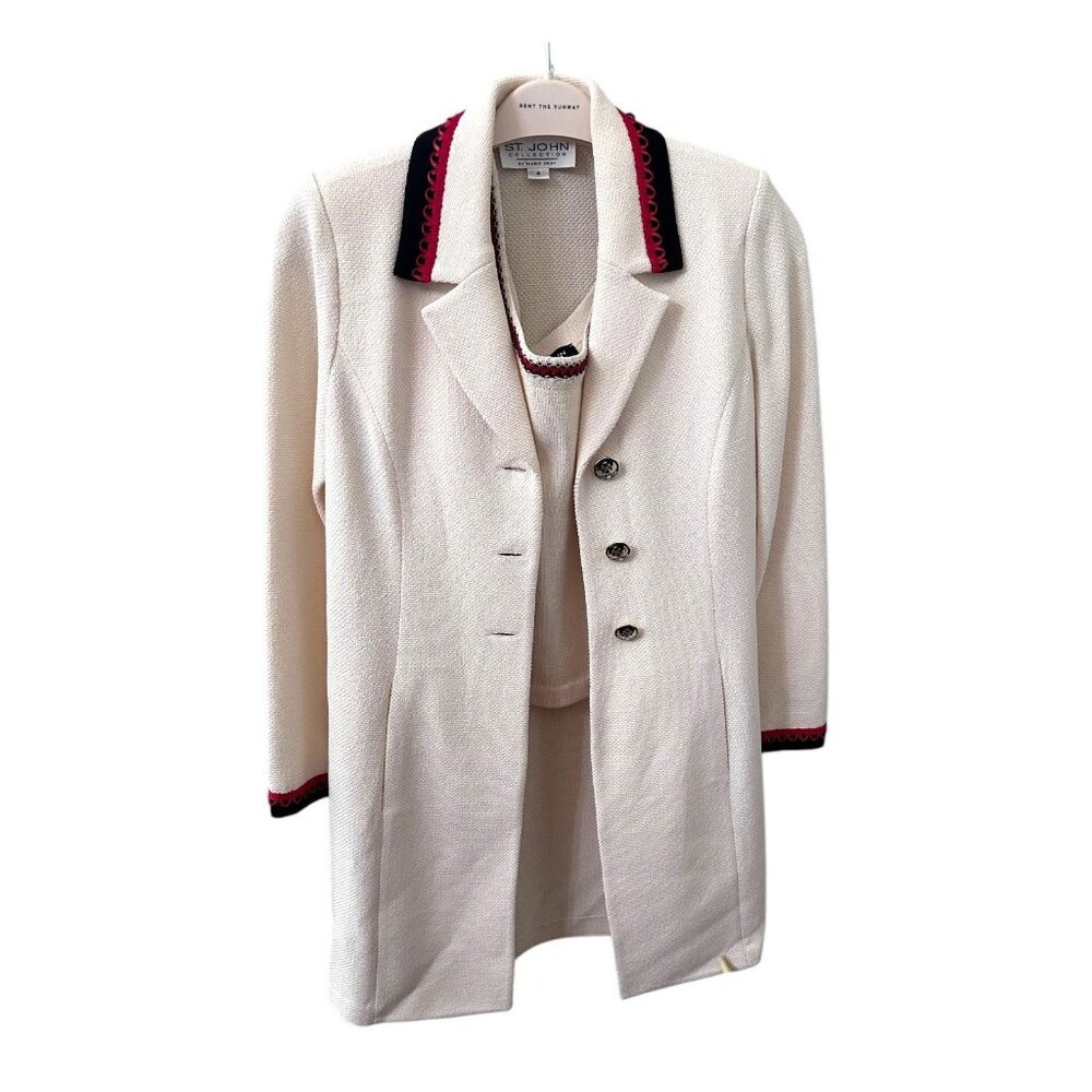 St John Collection Santana Knit Jacket & Shell Set Cream Black Red Trim Sz 4